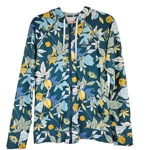 Axesea Women's Floral Rash Guard Hoodie Teal Blue Yellow Full Zip UPF 50+ Large
